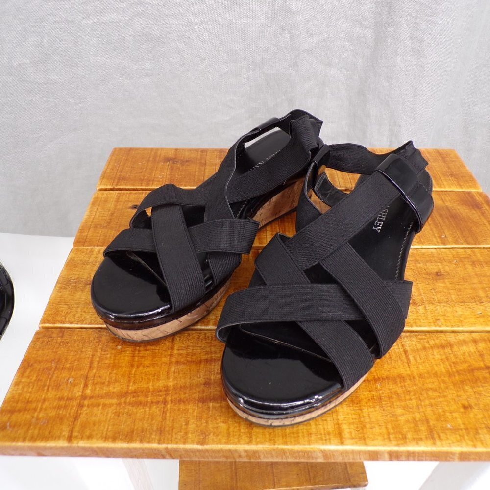 Laura Ashley Size 7.5 Nichols Black Strappy Cork Wedge Sandals